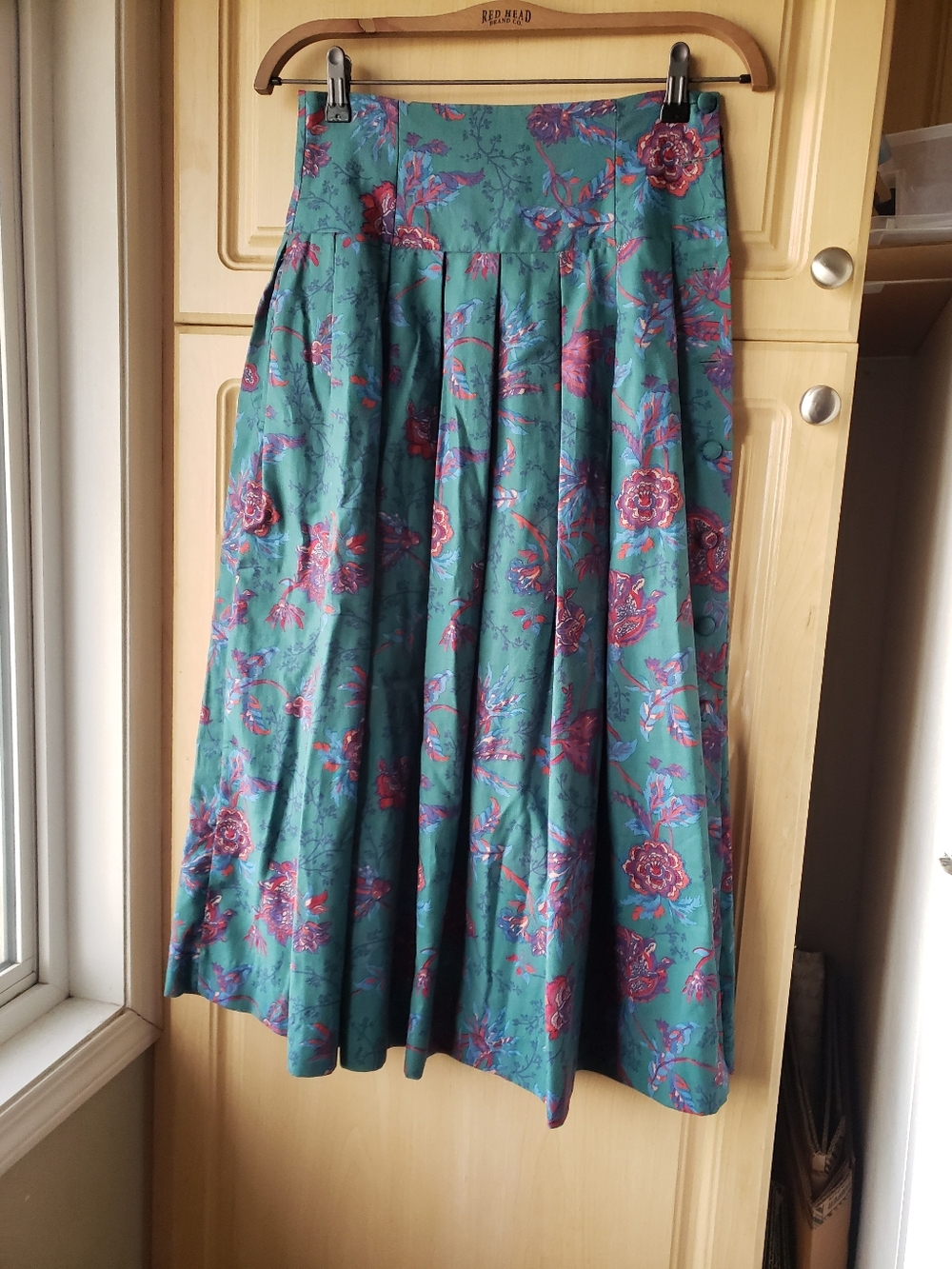 Laura Ashley Teal Midi Skirt with Pink Floral Print